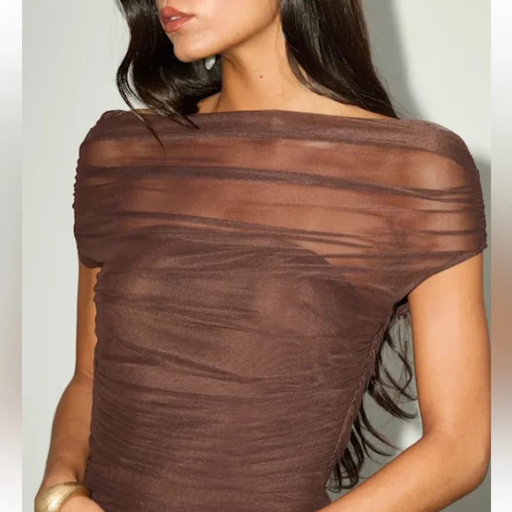 Sunama Brown Mesh Ruched Bodycon Midi Dress - Picture 2 of 5